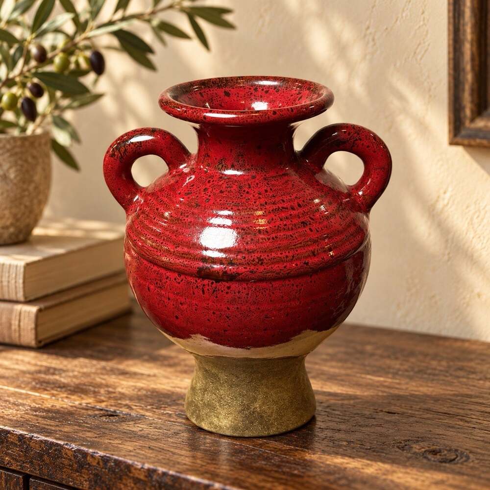 Southern Living at Home Red Glaze Double Handle Pedestal Vase Tuscan Decor